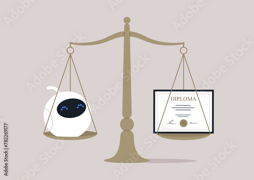 Balancing Act, AI and Education Weighed on Justice Scales, A stylized depiction of artificial intelligence and a diploma in equilibrium on balance scales