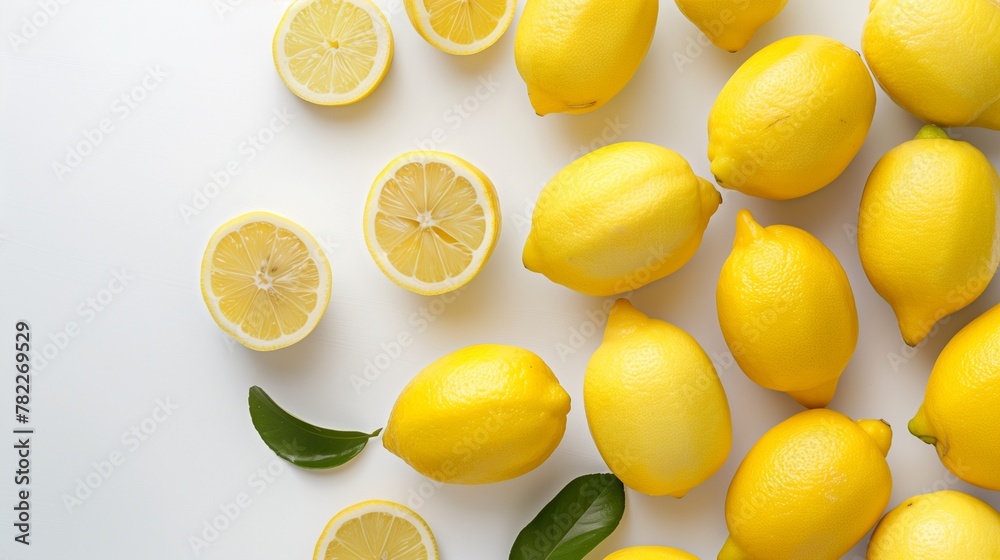 A banner with lemons on a white background top view. Horizontal photo with copy space.