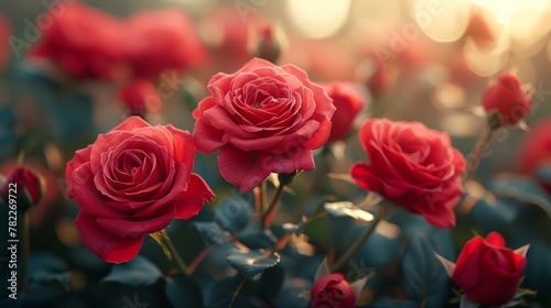 Red roses blooming in golden light