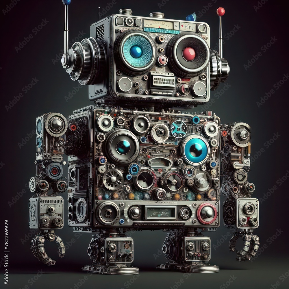 a robot made of analog stereo equipment, digital art a robot made of analog stereo equipment, digital art