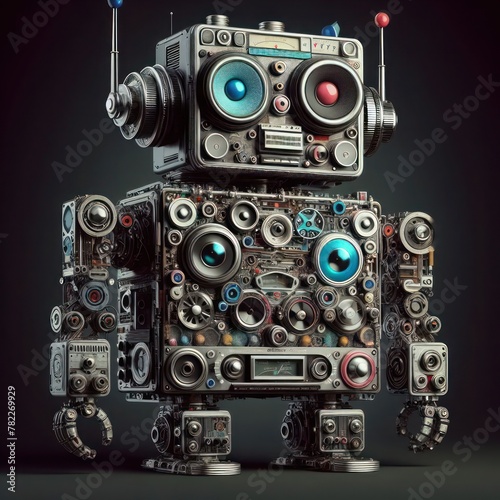 a robot made of analog stereo equipment, digital art