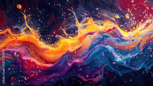 A vivid digital painting capturing the motion of probiotic drink pouring, with detailed splashes and droplets reflecting a vibrant palette