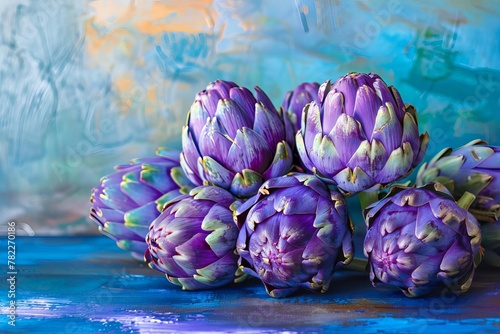 vibrant purple artichokes on colorful background artistic food still life 7