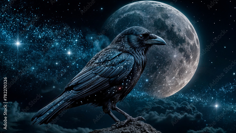 Obraz premium Portrait of a black raven on the background of the moon