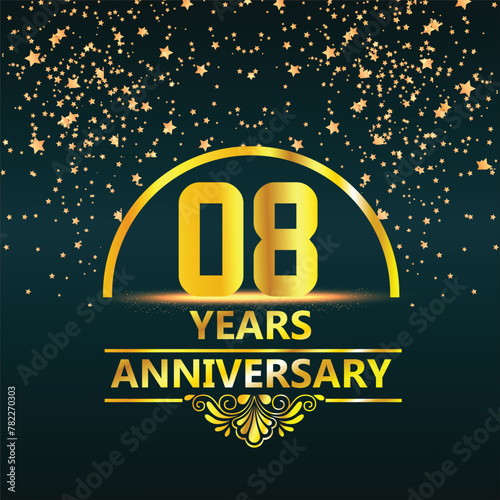 8 year anniversary template design with golden number and ring for birthday celebration event, invitation, banner poster, flyer, and greeting card, vector template
