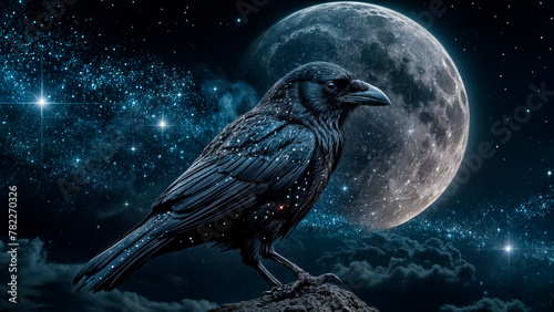 Portrait of a black raven on the background of the moon