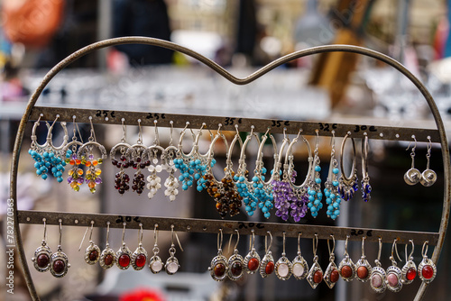 Photos Noordermarkt street market, earrings, imitation jewelry, Amsterdam, Netherlands