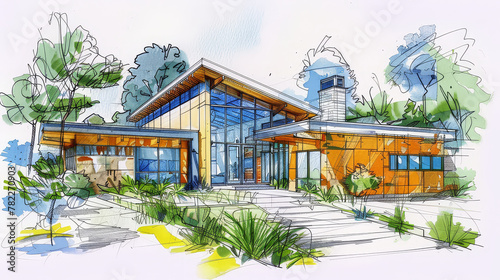 Perspective sketch illustration drawing of architectural concept. Full colorful abstract presentation of architecture project for communication design. AI Generative.