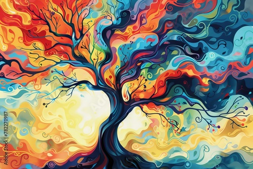 whimsical artistic tree with colorful swirling branches abstract surreal fantasy illustration photo