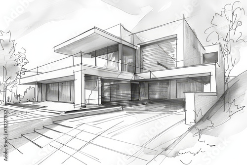 Perspective sketch illustration drawing of architectural concept. Full colorful abstract presentation of architecture project for communication design. AI Generative.