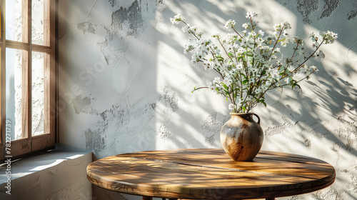 White wildflowers in paunchy vase on round old wooden brown table against empty gray wall. Natural side lighting from window, blurred shadows. Minimalistic interior. Scandinavian style. Copy space. photo