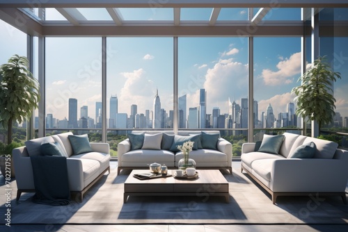 A modern living room with a view of the city © Adobe Contributor