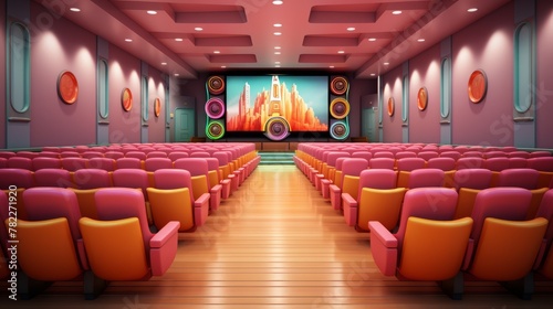 A retro cinema with pink and orange seats and a large screen