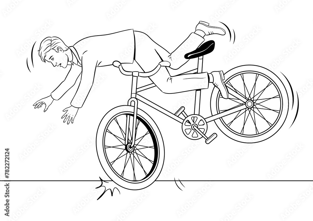Obraz premium Man is falling off bicycle coloring PNG illustration. Isolated image on white background. Comic book style imitation.