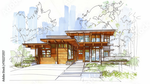 Perspective sketch illustration drawing of architectural concept. Full colorful abstract presentation of architecture project for communication design. AI Generative.