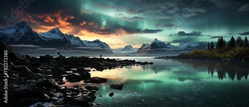 Aurora borealis landscape with mountains, rocks, and a lake