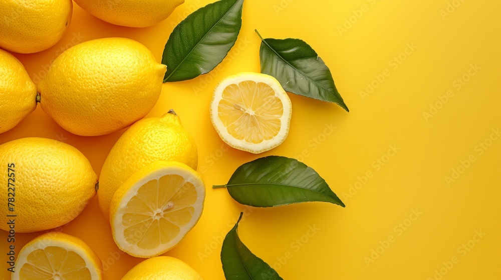 A banner with lemons on a yellow background top view. Horizontal photo with copy space. A banner with lemons on a yellow background top view. Horizontal photo with copy space.