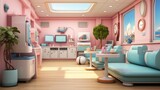 A retro futuristic waiting room with blue and pink colors