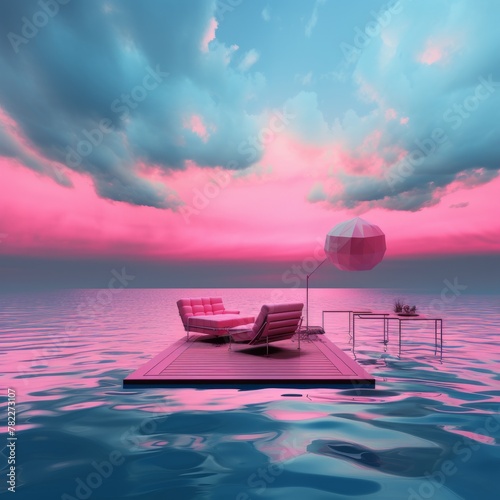 Pink surreal seascape with floating furniture