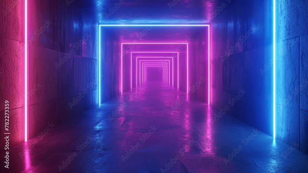 Neon light installation in a futuristic tunnel