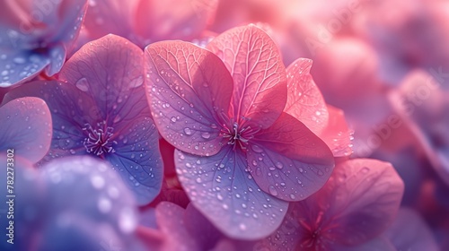 Close-up of purple hydrangea flowers with water droplets