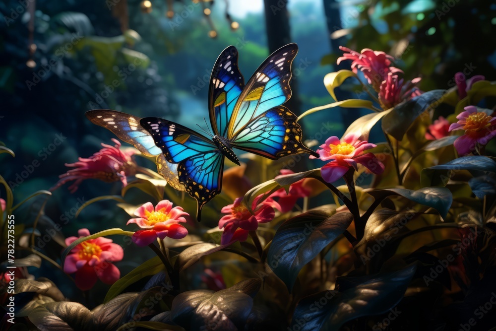Blue Morpho Butterfly in a Garden
