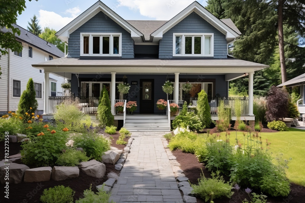 Blue Craftsman-Style Bungalow With a Front Porch and Garden