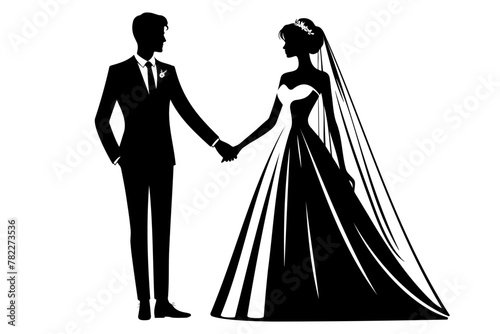 Bride and groom holding hands silhouette. Wedding couple. Vector illustration