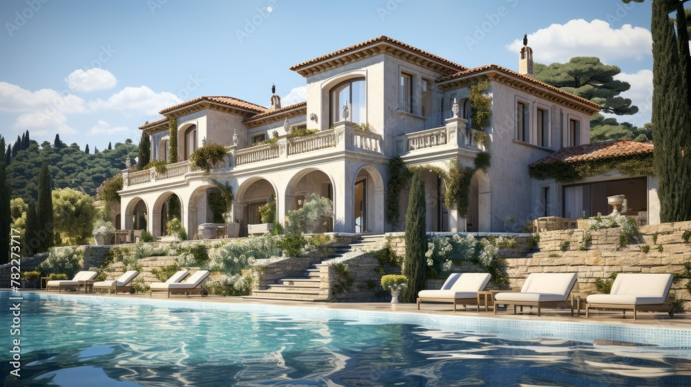 A luxurious mansion with a swimming pool and a beautiful view