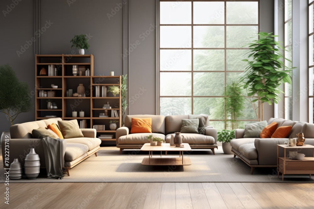 Airy and bright living room with large windows and plants - obrazy, fototapety, plakaty 