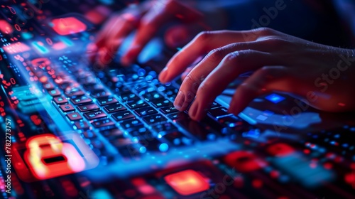 A close-up photo of a person's hand typing on a laptop at night in neon lighting. Internet security concept.