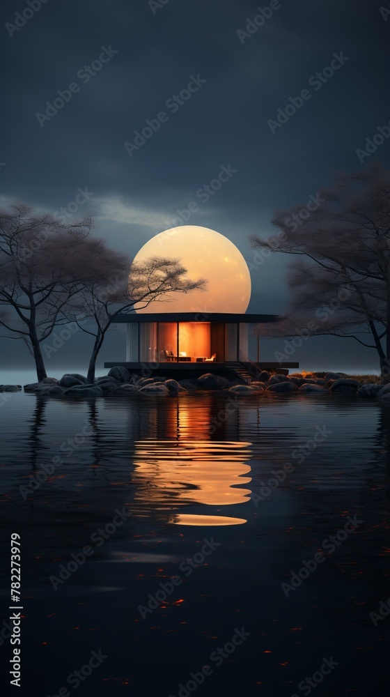 House near the lake with a giant moon in the background