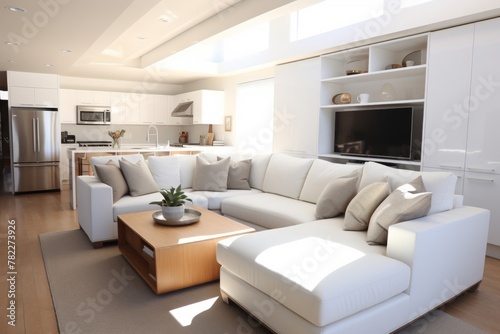 A bright and airy living room with a large white sectional sofa, a wood coffee table, and a TV.