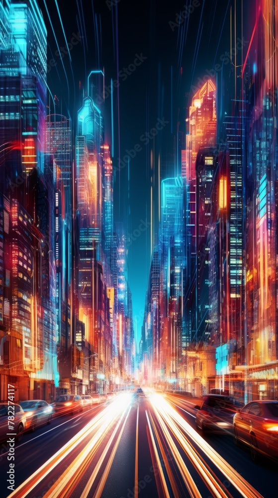 Futuristic cityscape illustration with glowing skyscrapers and light trails - obrazy, fototapety, plakaty 