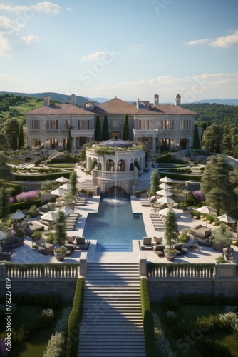 A luxurious mansion with a pool and a beautiful garden