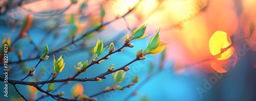 Springtime buds opening on a tree branch at sunset