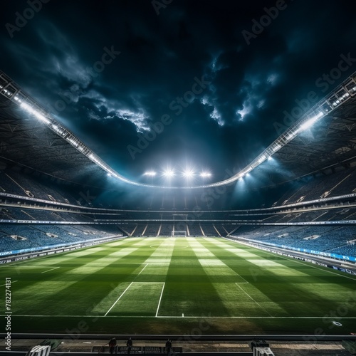 An empty soccer stadium at night with the lights on