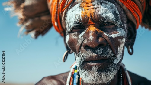 elderly African tribesman with traditional face paint and headgear photo