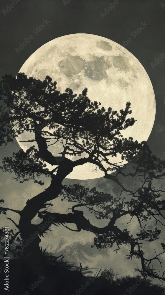 Silhouette of a tree against a full moon at night