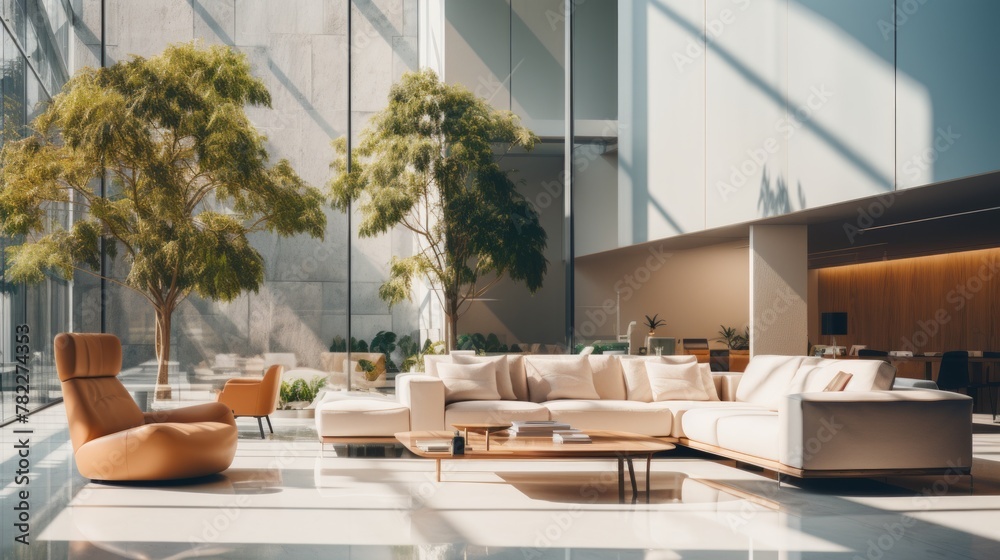 The sun shines through the glass window into the room with sofa and green plants The sun shines through the glass window into the room with sofa and green plants