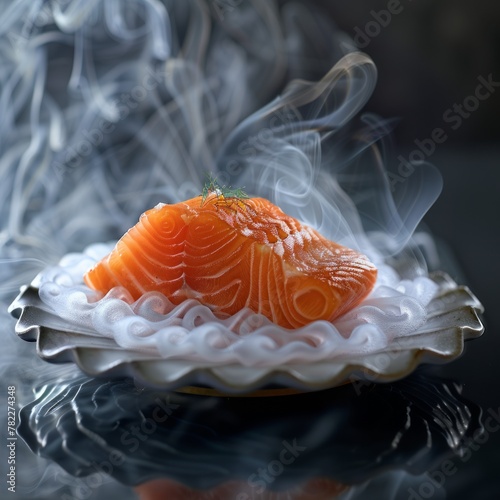 Close-up of a raw salmon fillet on a plate with smoke