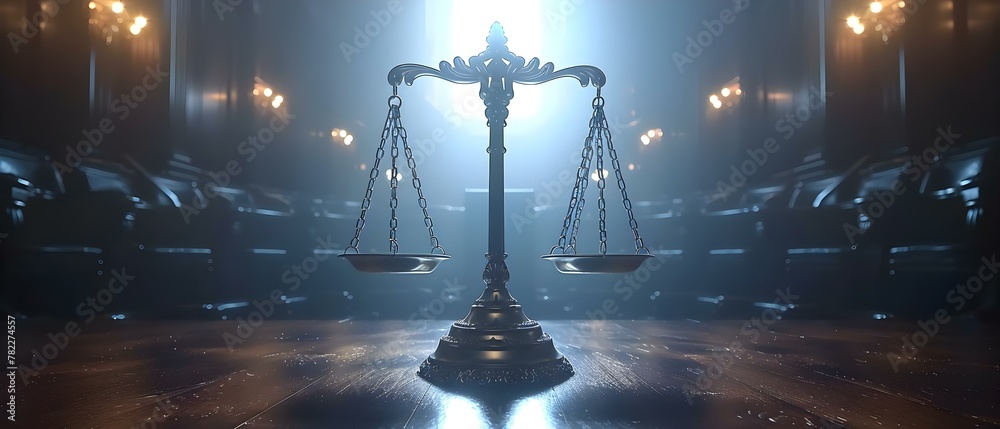Solemn Balance of Justice in a Dim Courtroom. Concept Law and Justice, Courtroom Drama, Legal System, Solemnity, Balance - obrazy, fototapety, plakaty 