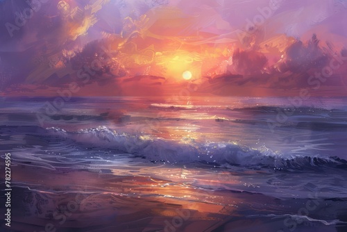 a digital artwork depicting the calm majesty of a sunset gracing the ocean's horizon.