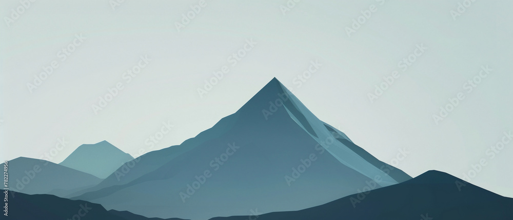 A lone snow-capped peak, towering against a clear blue sky, in a minimalist desert landscape.