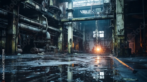 An abandoned factory building with water on the floor