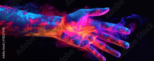 Colorful neon paint on hand with black background