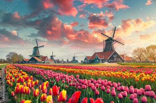 A colorful tulip field with windmills in the background  #782275193