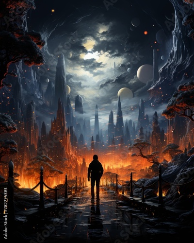 A lone figure walks through a desolate landscape of fire and stone