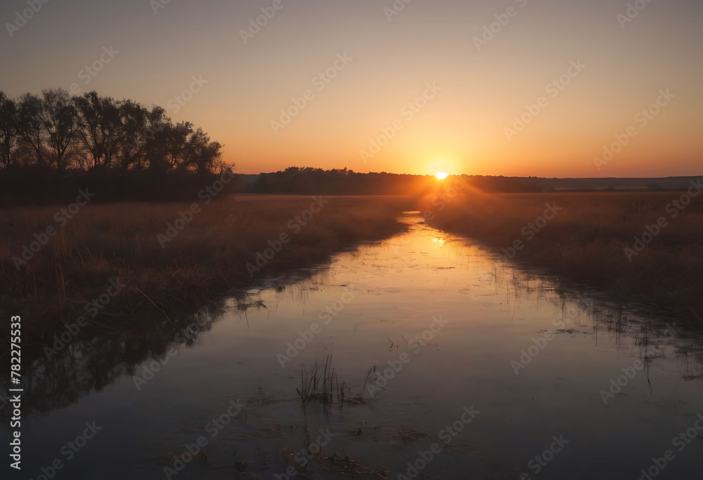Sunrise on a plain, golden hour, vegetation Sunrise on a plain, golden hour, vegetation