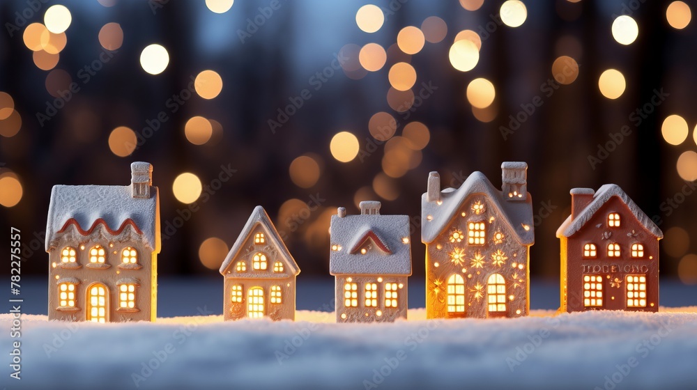 A Row of Illuminated Gingerbread Houses in the Snow A Row of Illuminated Gingerbread Houses in the Snow